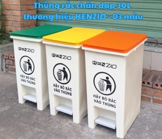 Thùng rác nhựa CHÂN ĐẠP 30 lít KENZIO - nắp có màu xanh, vàng, cam